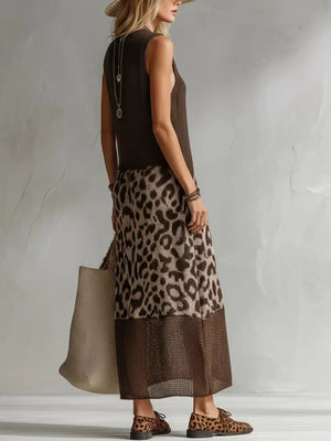 beige sweater dress featuring sleeveless and color-block, leopard-print