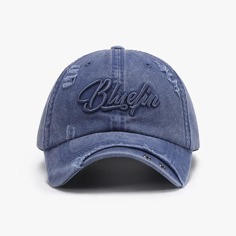 Distressed dusty blue cotton baseball cap with embroidered script detail