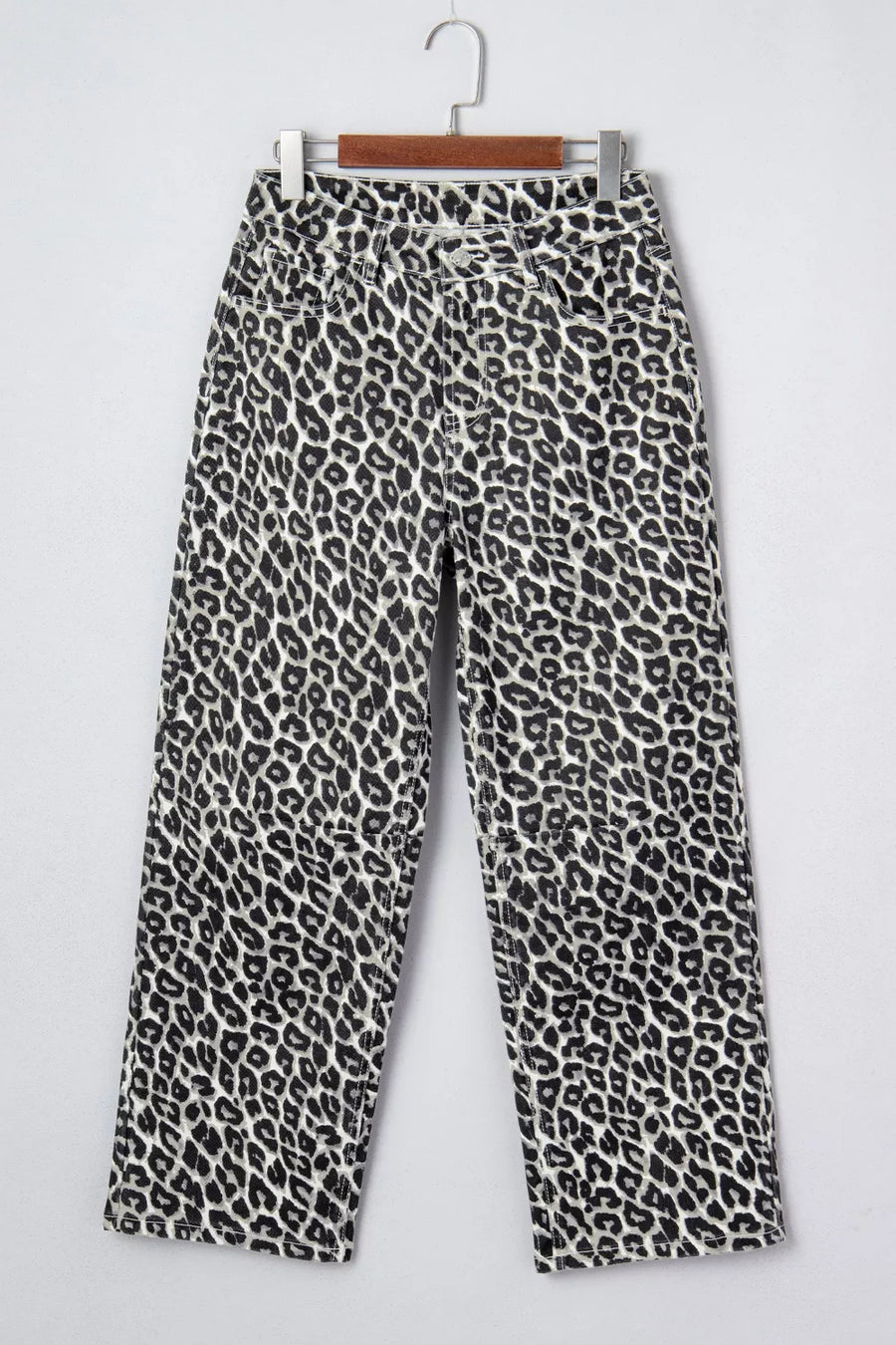 Denim leopard print cropped jeans with a wide leg fit.