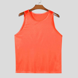 Orange mesh tank top with crew neck and sleeveless design.