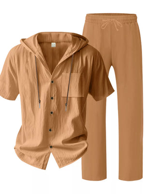 olive green lounge set with hip-length, full-length and button-front, drawstring, elastic