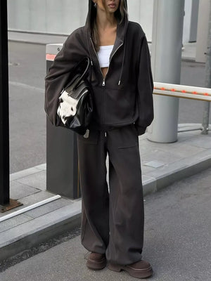 Yellow with Oversized Zip-up Hoodie And Wide-leg Pants Set in Yellow