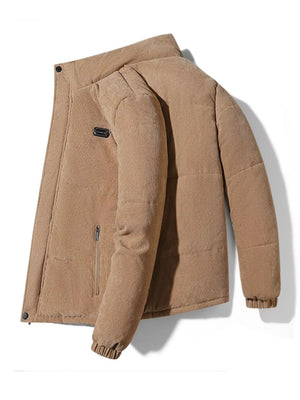 Men's khaki corduroy puffer jacket with zip pocket detail