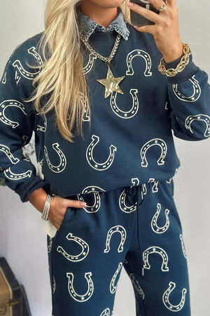 ivory lounge set featuring drawstring waist and horseshoe print