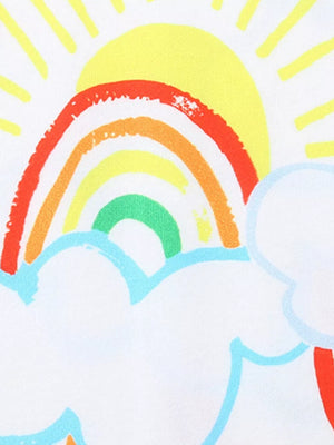 Toddler underwear with a white background and a cheerful rainbow, sun, and cloud print.