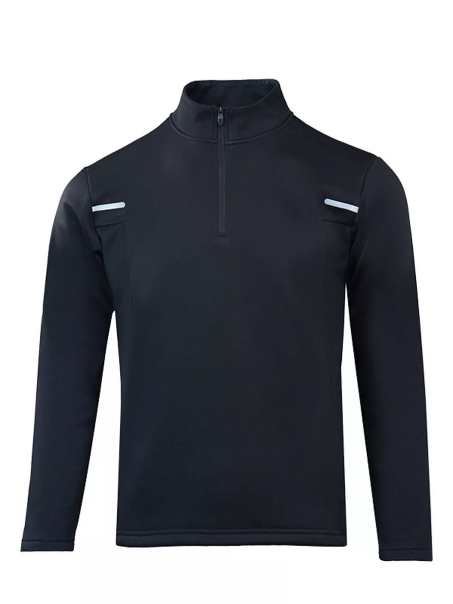 Black cotton half-zip activewear sweatshirt with reflective shoulder detail.