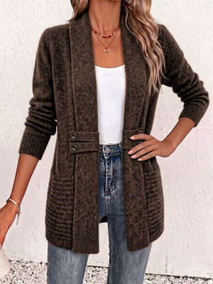 Brown cardigan with tunic-length and open-front