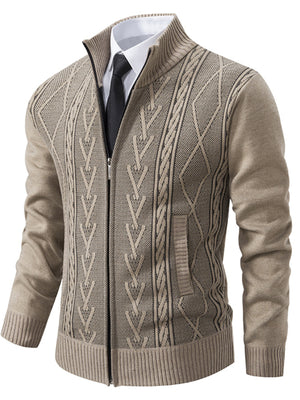 camel cardigan with cable knit and stand collar