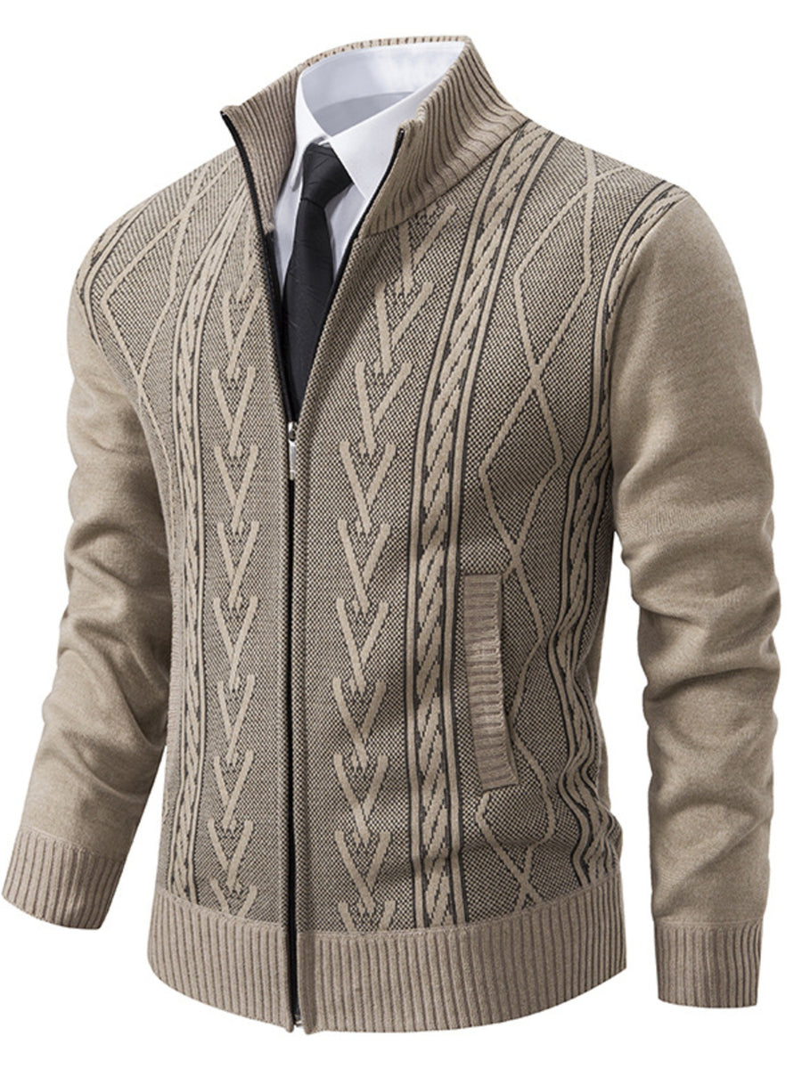 camel cardigan with cable knit and stand collar