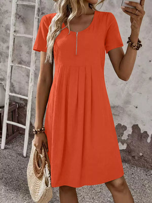 white A-line dress with mini and half-zip