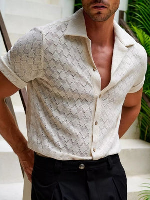 Apricot button-up shirt featuring buttoned and geometric