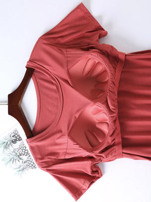 Pajama top in Windsor Red with built-in padded cups and short sleeves.
