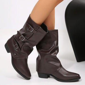 Buckle Leather Point Toe Block Heels Boots in Black with point toe