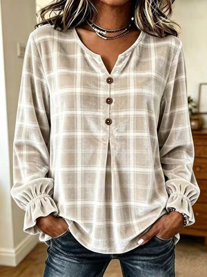 Burgundy blouse with hip-length and half-button
