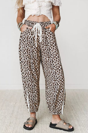 Black Leopard Print Ankle-length Elastic Waist Pants