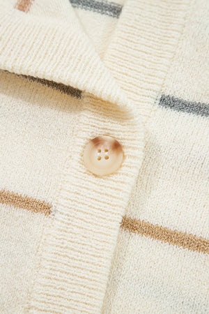 cardigan in tan with striped and buttoned