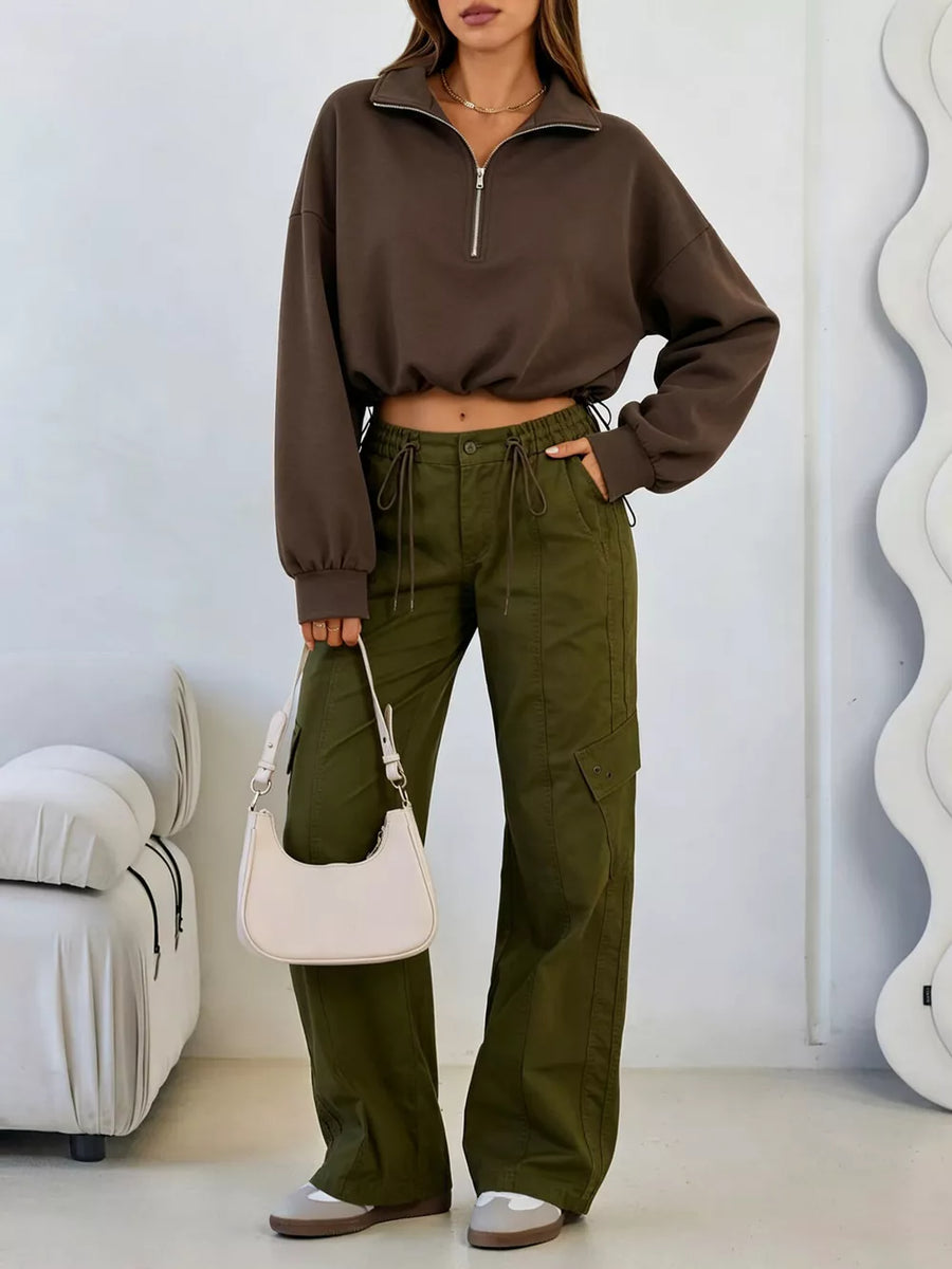 Half Zip Drawstring Hem Sweatshirt in Burgundy with drawstring hem