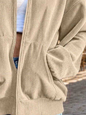 Corduroy Zip-Up Dropped Shoulder Jacket in Red with pocketed