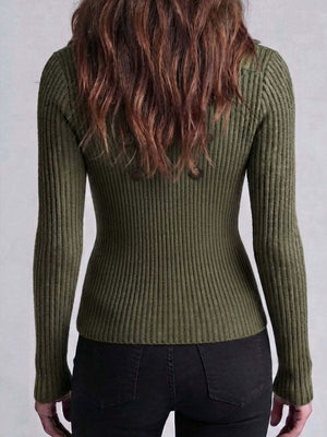 Army Green cardigan with hip-length and zip-front