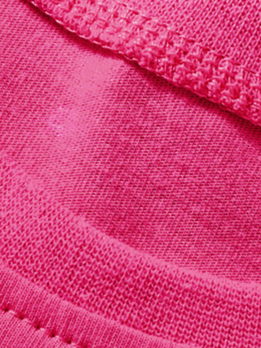 Pink cotton baby dress with crew neck and embroidered animal detail.