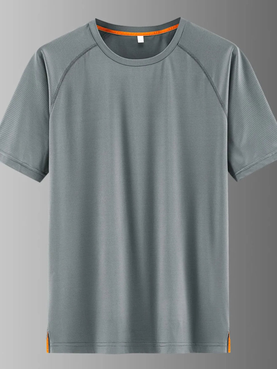 Men's grey quick-dry active t-shirt with round neck and orange trim details.