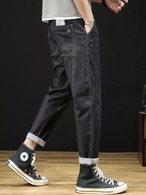 95% cotton,5% spandex Care instructions: Machine wash cold straight jeans in Dark Blue with straight silhouette