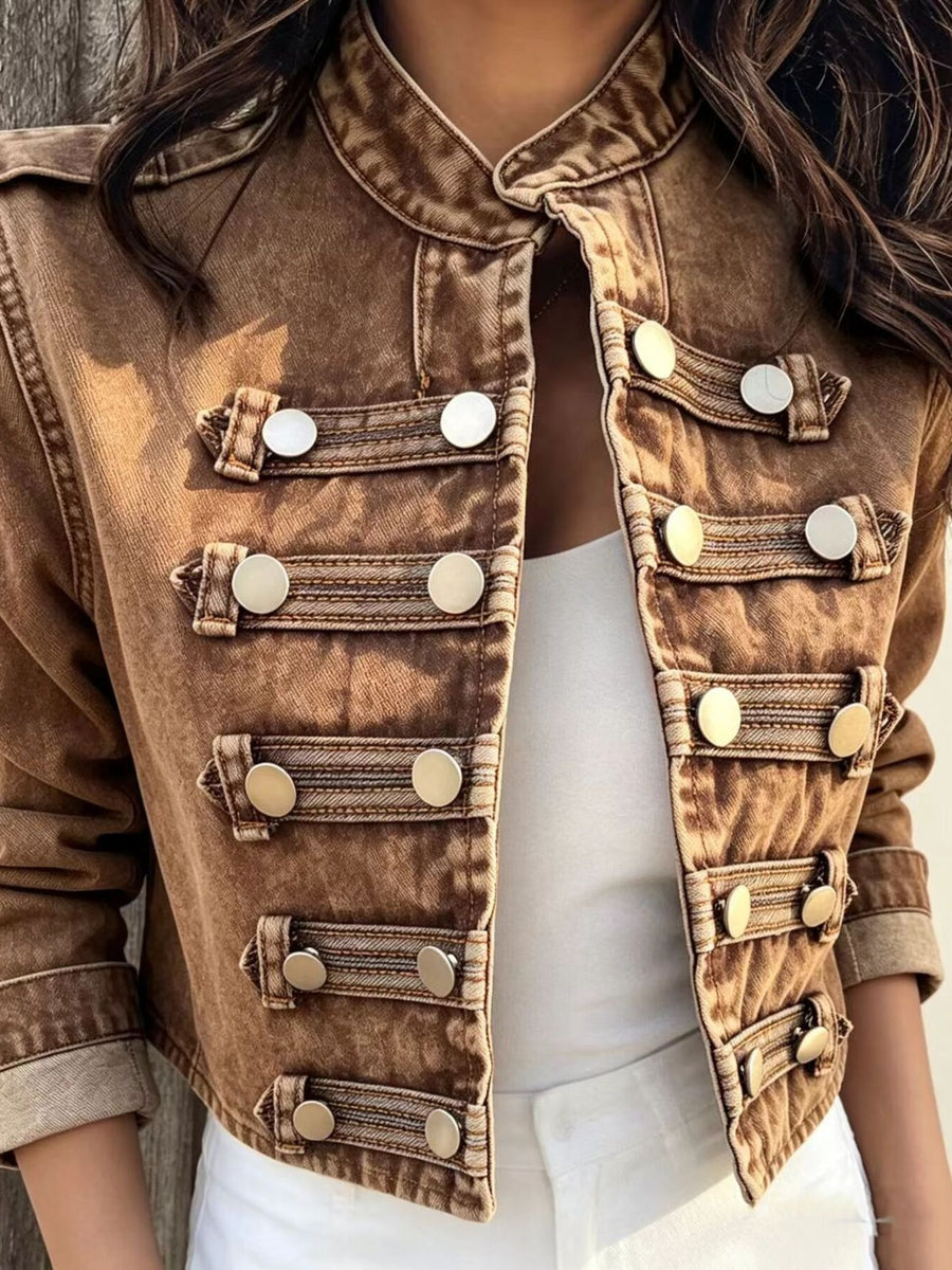 Black denim jacket with waist-length and open-front