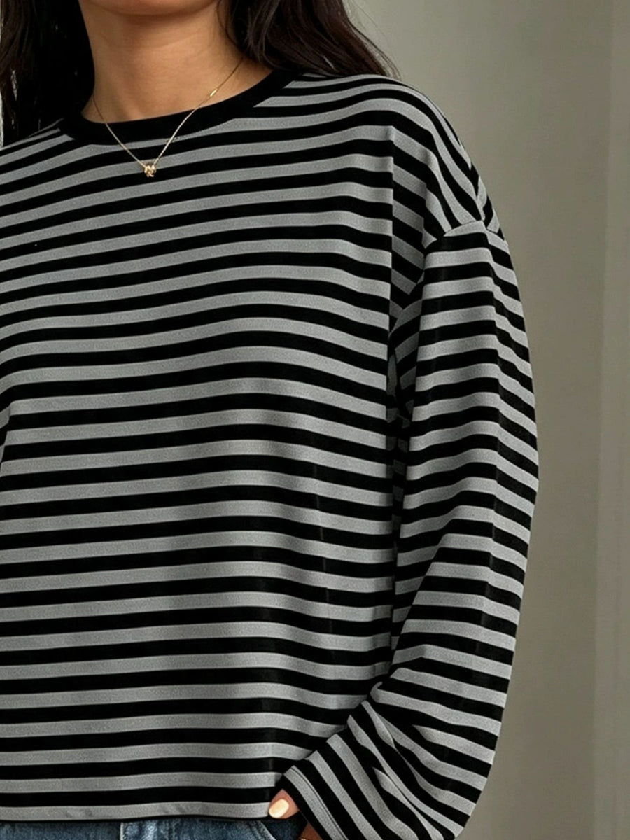 slate gray t-shirt featuring stretch and striped