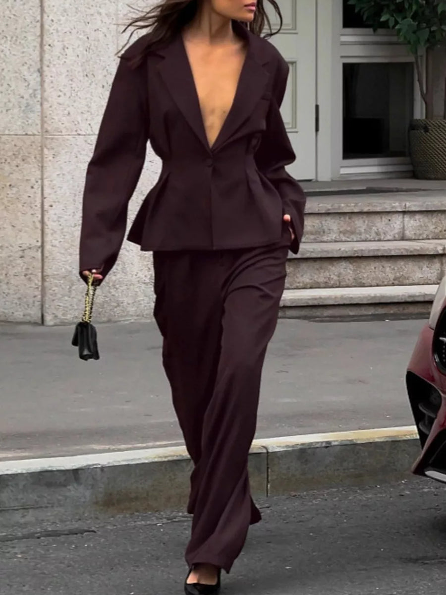 One-button Blazer And Wide-leg Pants Set in Dark Brown