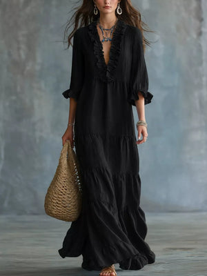 Khaki maxi dress with ruched and 3/4 sleeve