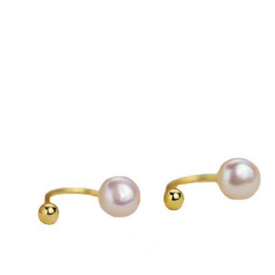 Gold pearl stud earrings with a contemporary design and a small gold bead detail.