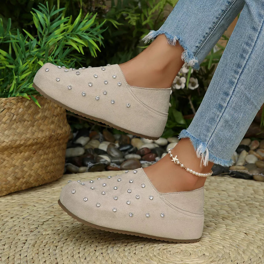 Polyester, Rubber, Rhinestone Imported Size & slip-ons in light beige with flats silhouette