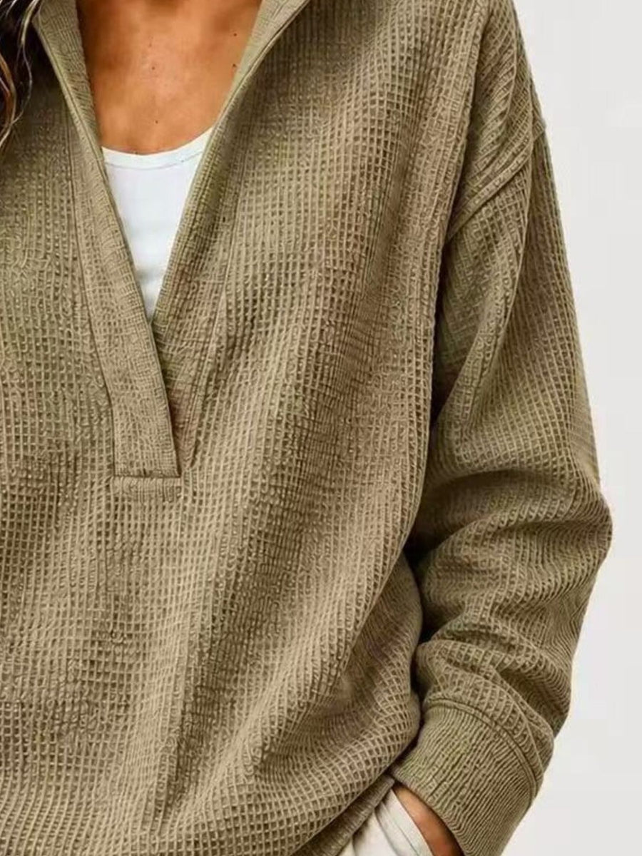 Full Size Waffle Knit Dropped Shoulder Sweatshirt in Scarlet with waffle-knit