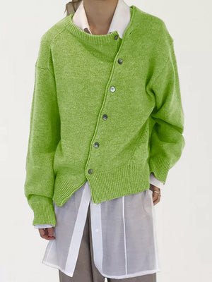 cardigan in lime green featuring buttoned and relaxed fit