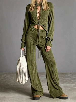 two-piece set in olive green featuring lace-up and relaxed fit