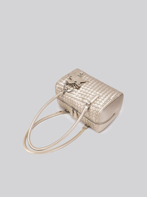 champagne gold handbag with zip and woven texture