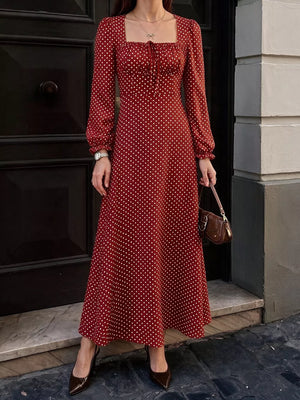 burgundy maxi dress with polka dot and square neck