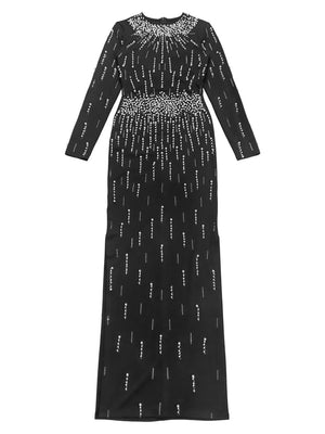 Pearl Detail Long Sleeve Maxi Dress in Black with rhinestone embellishment
