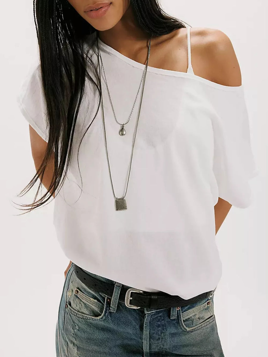 White asymmetrical relaxed fit t-shirt with a single strap and off-the-shoulder design.