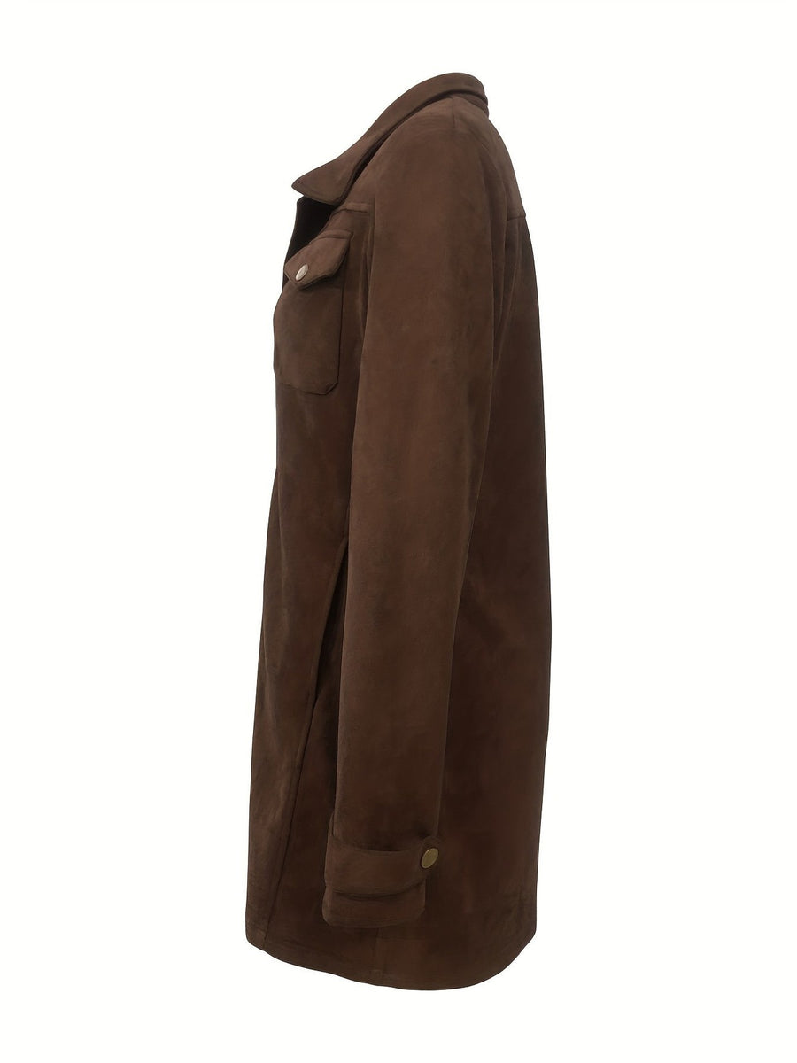 Dark Brown jacket with thigh-length and button-front, zip-front
