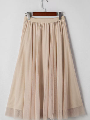 Beige midi skirt with lace overlay and flared hem