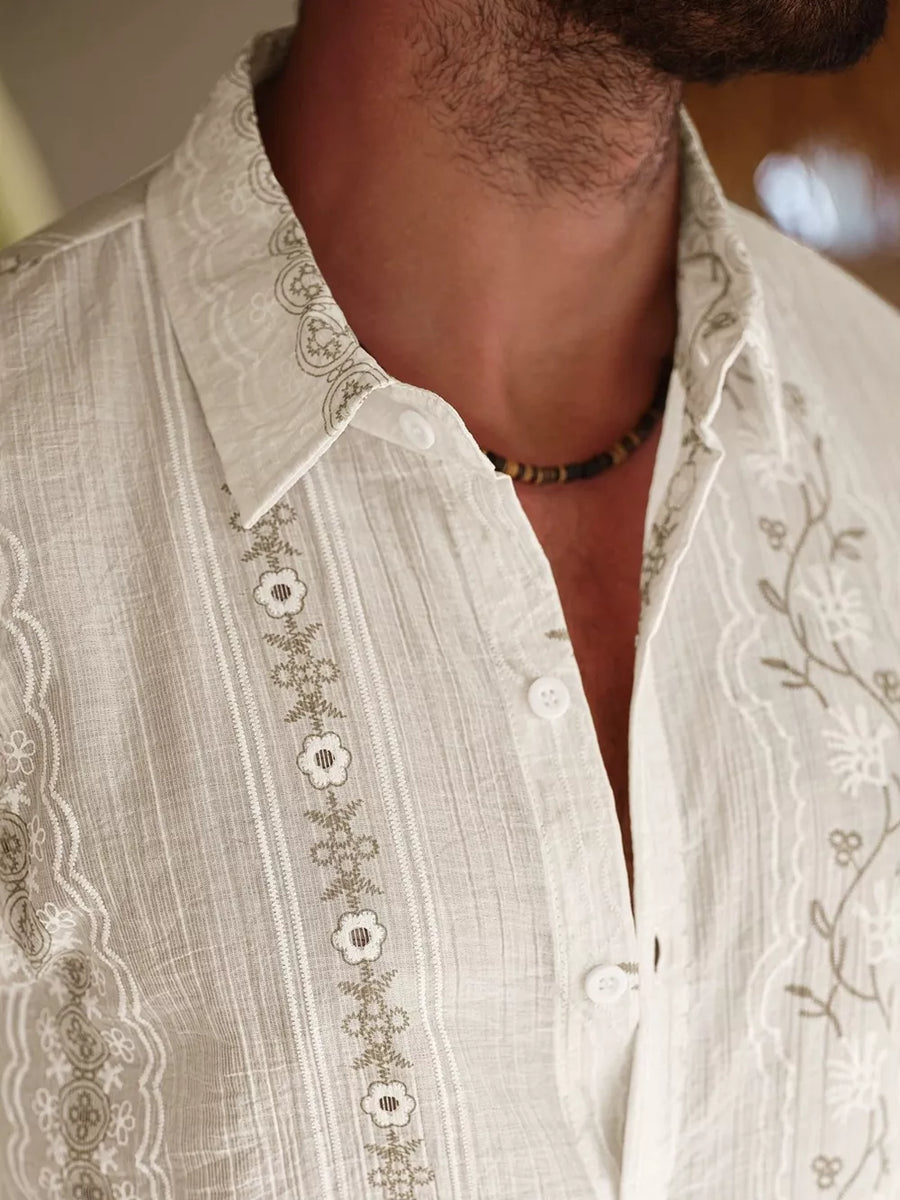 cream button-up shirt with hip-length and button-front