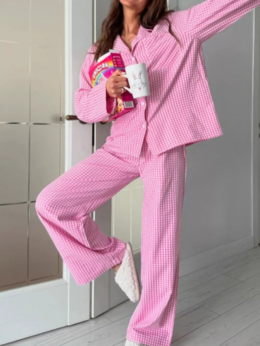 white pajama set featuring buttoned and gingham