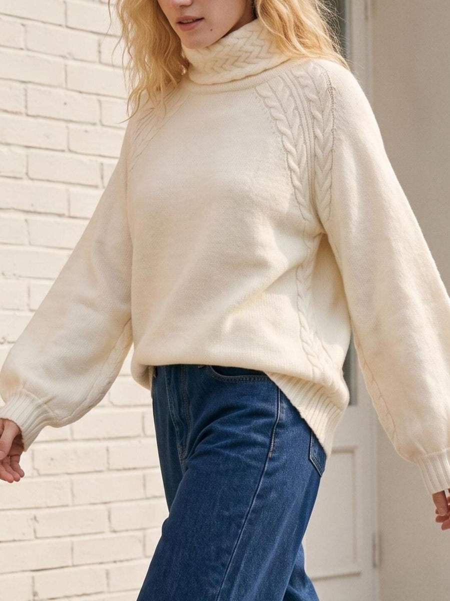 ivory turtleneck sweater with hip-length and pullover