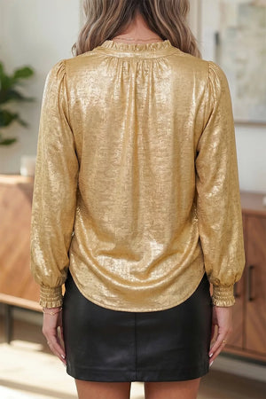 Metallic Sheen V Neck Gathered Cuff Blouse in this colorway