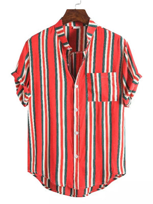 Men's Plus Size Striped Button Up Short Sleeve Shirt in Navy