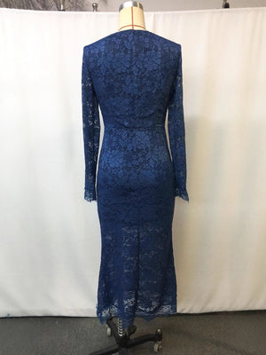 Navy blue lace long sleeve midi dress with a mermaid hem.