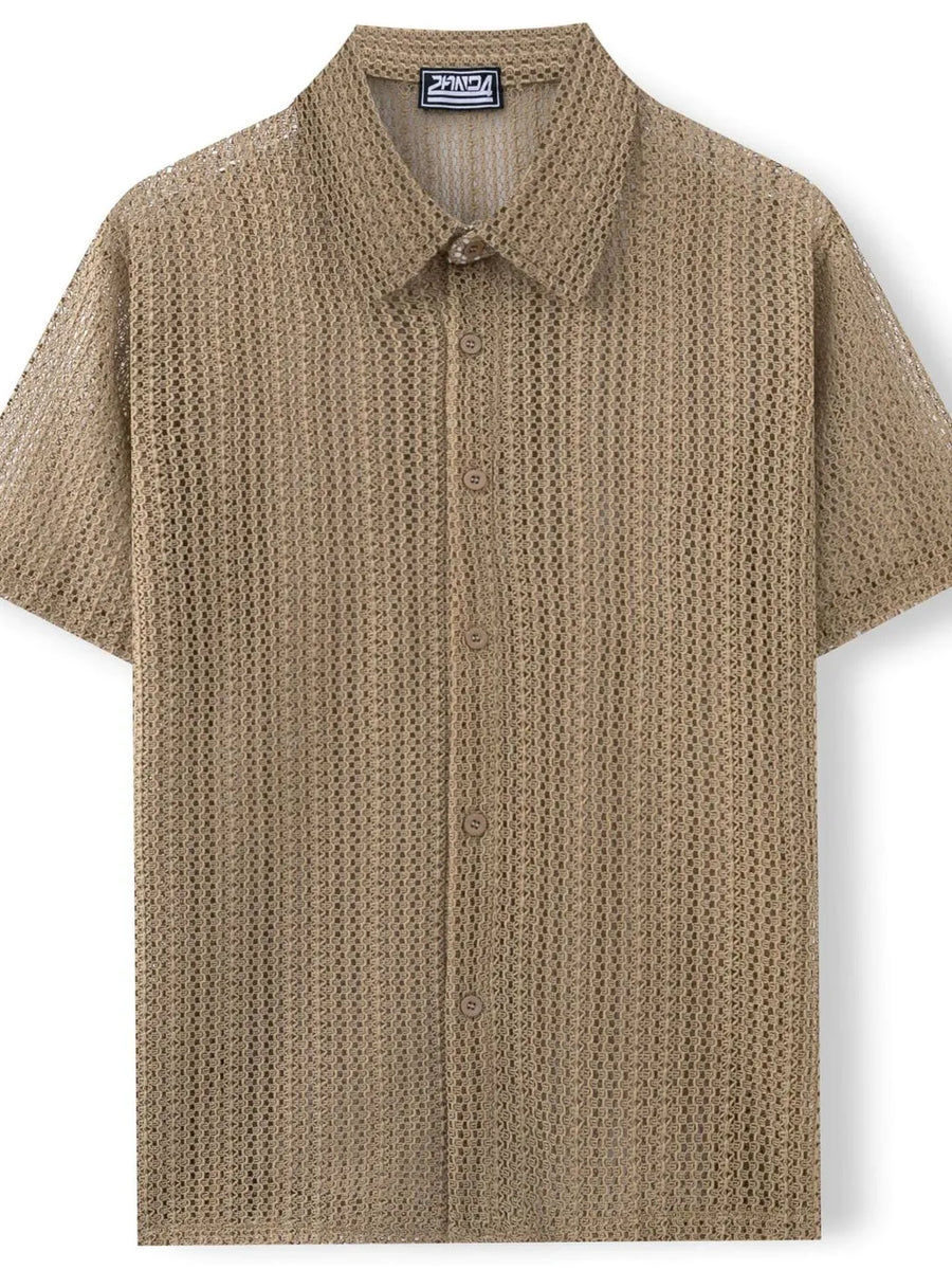 Taupe open-knit short-sleeve resort shirt with button front and collar.