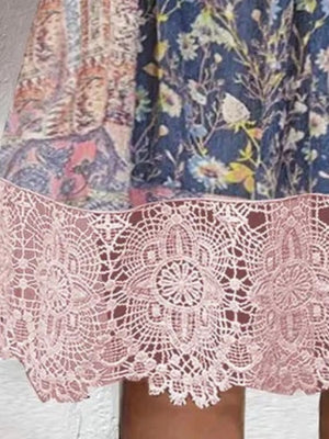 Pink floral lace trim dress with bohemian patchwork pattern