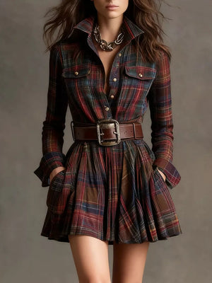deep red shirt dress with plaid and collared